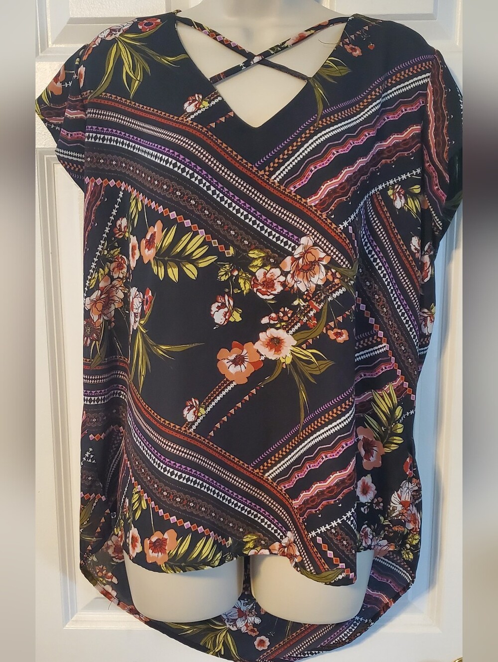 Luxology Black Floral & Stripe V-Neck Blouse